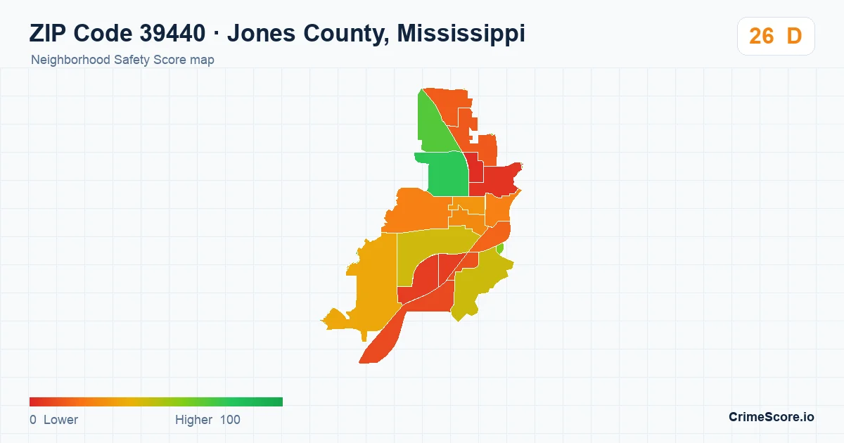 ZIP Code 39440 in Jones County, Mississippi neighborhood Safety Score map