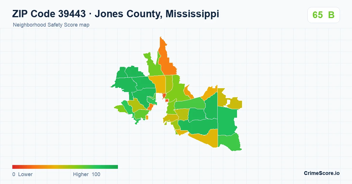 ZIP Code 39443 in Jones County, Mississippi neighborhood Safety Score map