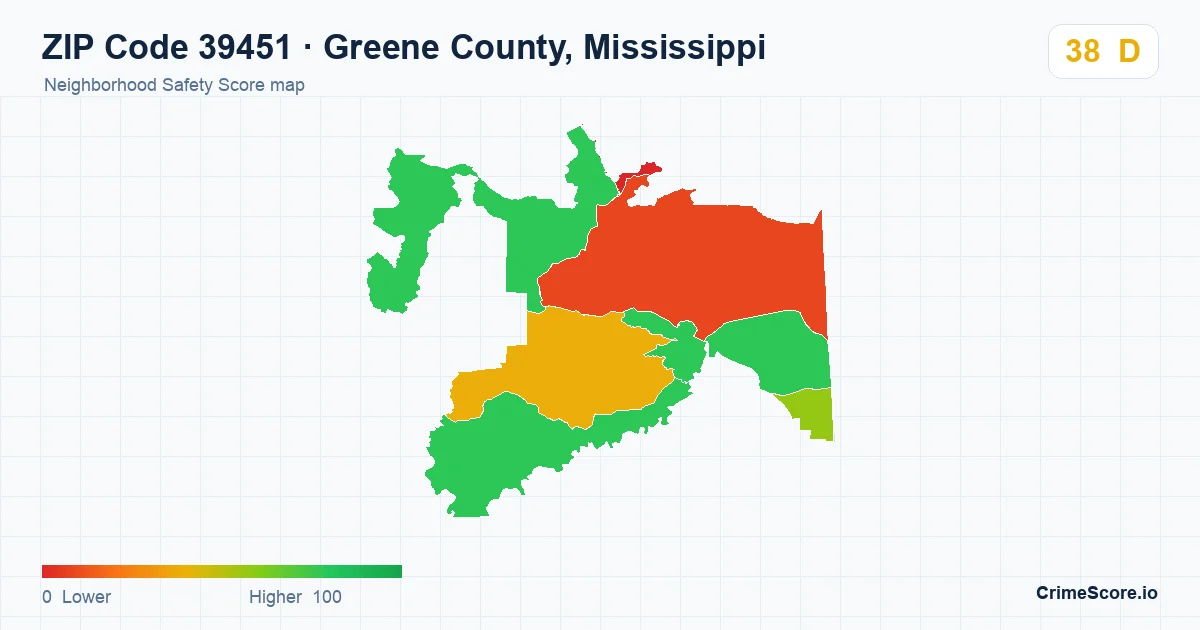 ZIP Code 39451 in Greene County, Mississippi neighborhood Safety Score map