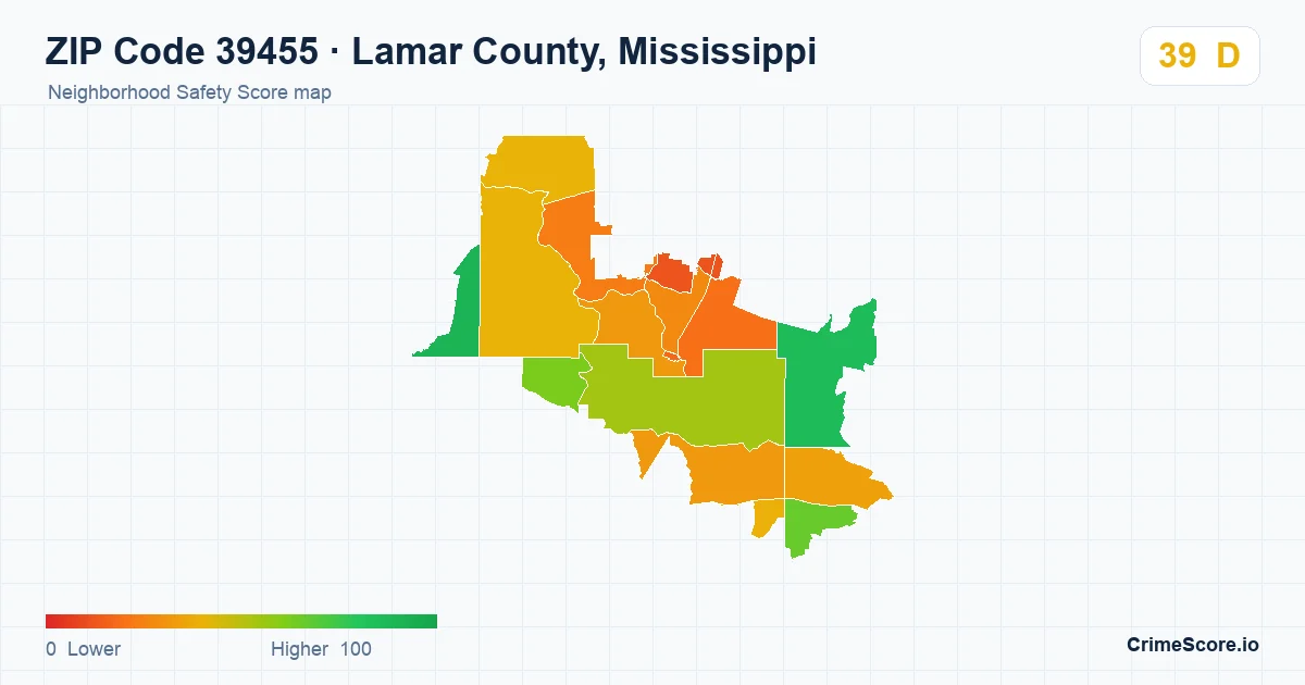 ZIP Code 39455 in Lamar County, Mississippi neighborhood Safety Score map