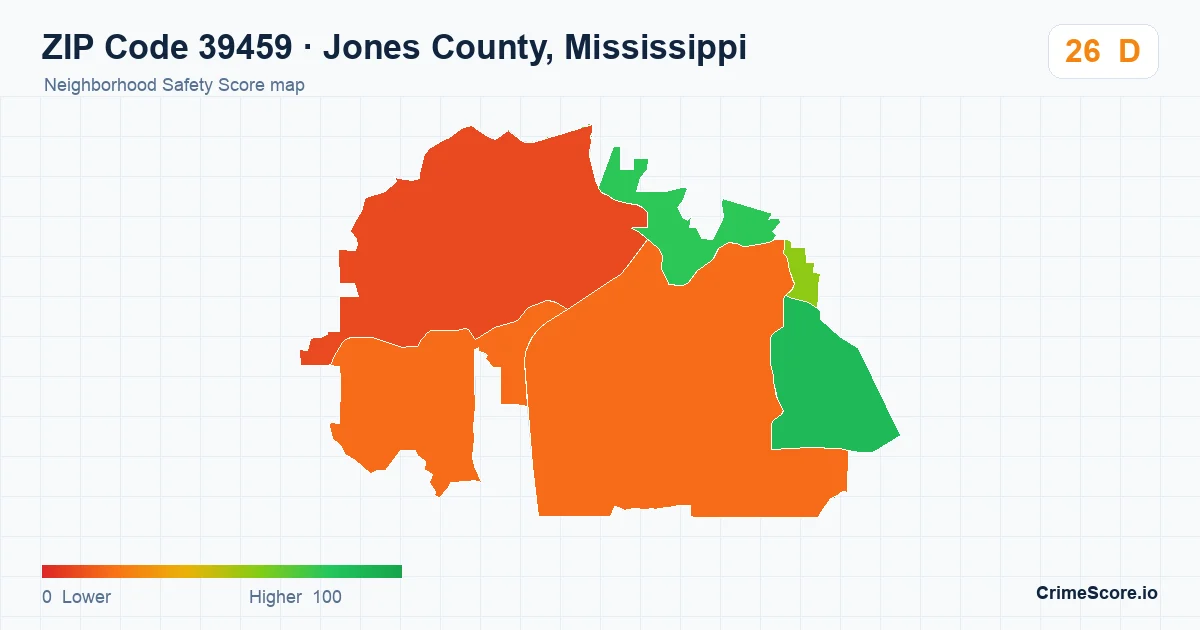 ZIP Code 39459 in Jones County, Mississippi neighborhood Safety Score map