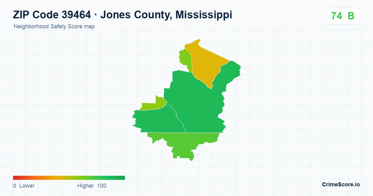 ZIP Code 39464 in Jones County, Mississippi neighborhood Safety Score map