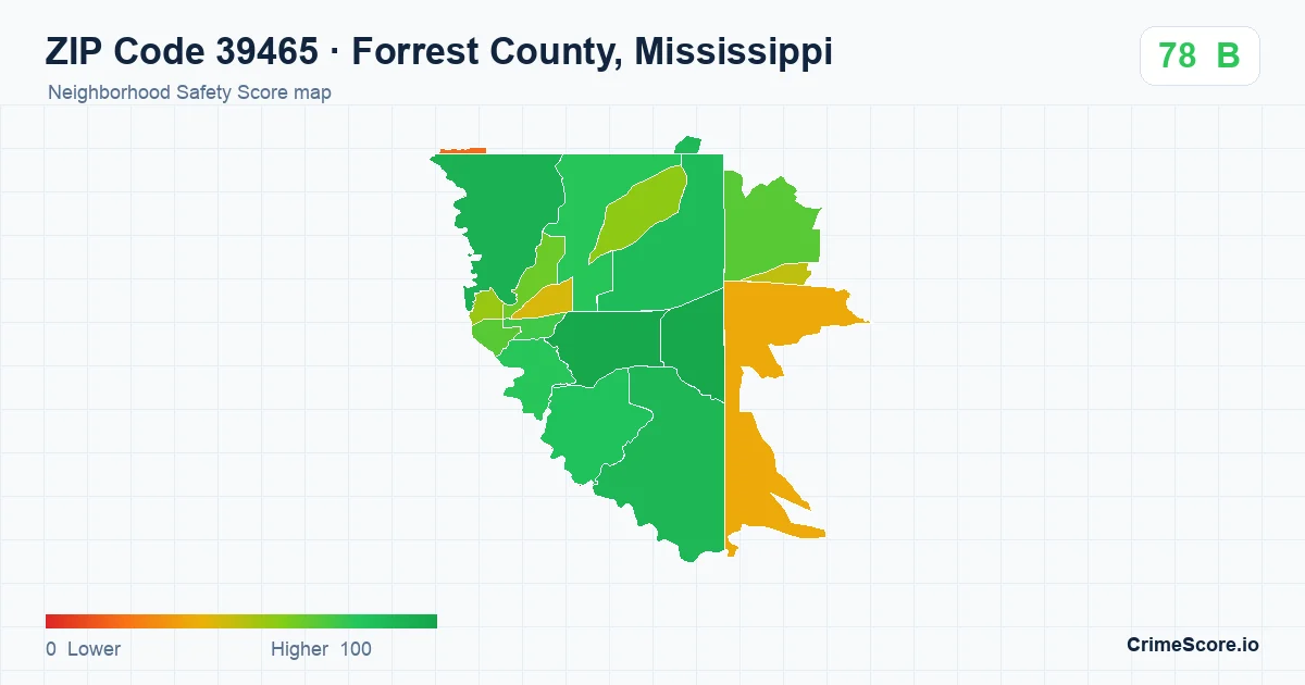 ZIP Code 39465 in Forrest County, Mississippi neighborhood Safety Score map