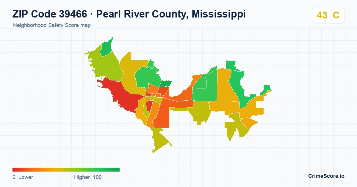 ZIP Code 39466 in Pearl River County, Mississippi neighborhood Safety Score map