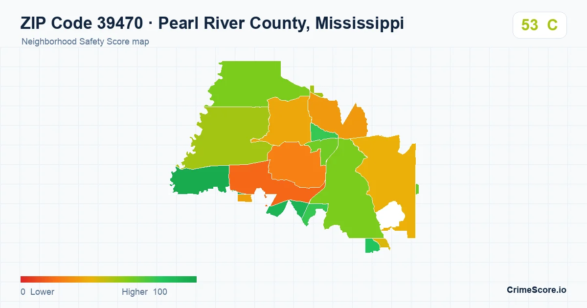 ZIP Code 39470 in Pearl River County, Mississippi neighborhood Safety Score map
