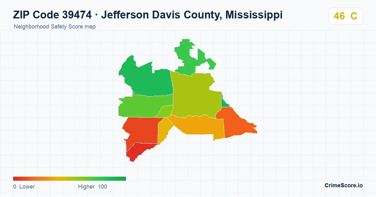 ZIP Code 39474 in Jefferson Davis County, Mississippi neighborhood Safety Score map