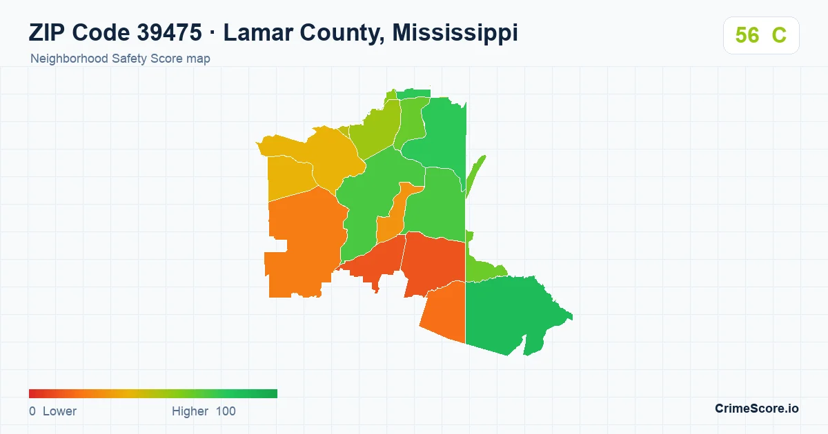 ZIP Code 39475 in Lamar County, Mississippi neighborhood Safety Score map