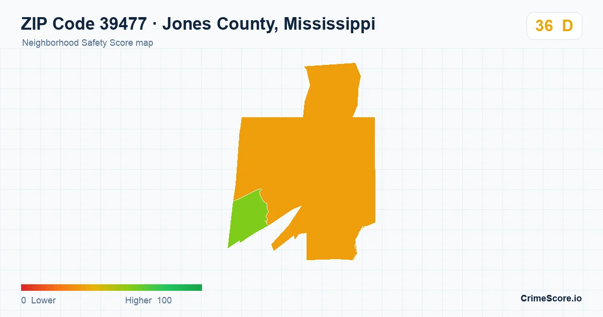 ZIP Code 39477 in Jones County, Mississippi neighborhood Safety Score map