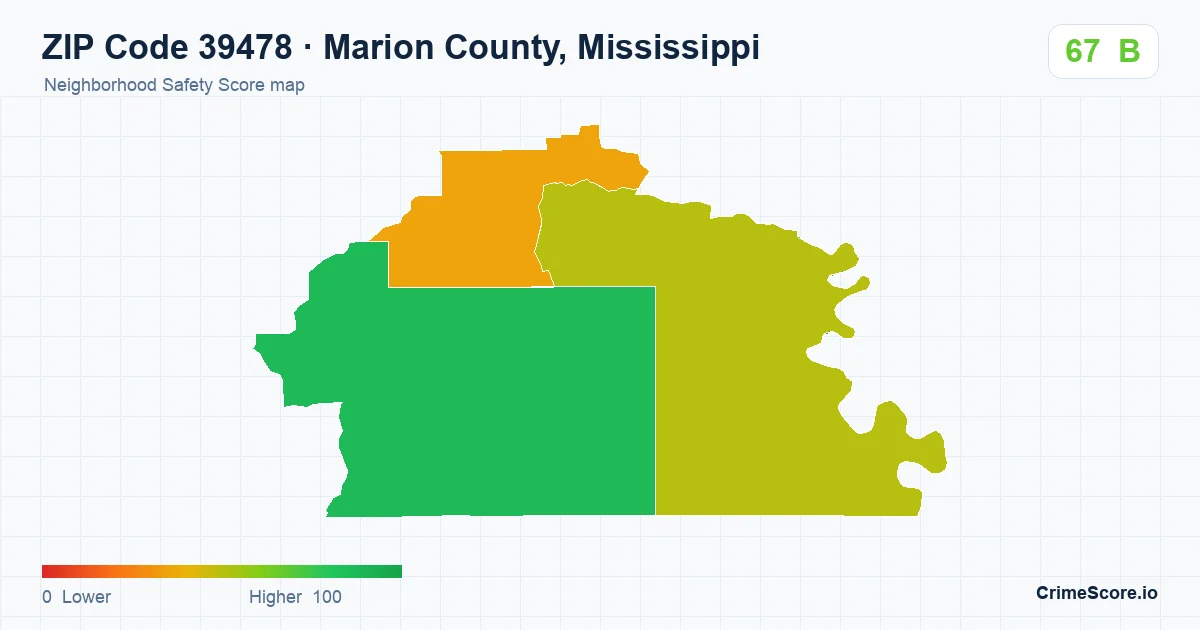 ZIP Code 39478 in Marion County, Mississippi neighborhood Safety Score map