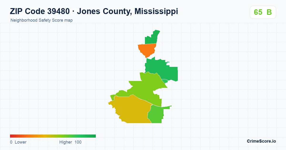 ZIP Code 39480 in Jones County, Mississippi neighborhood Safety Score map