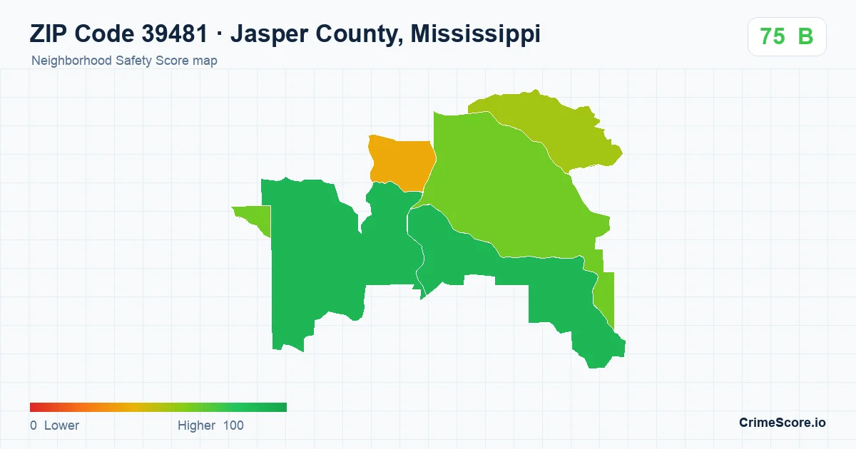 ZIP Code 39481 in Jasper County, Mississippi neighborhood Safety Score map