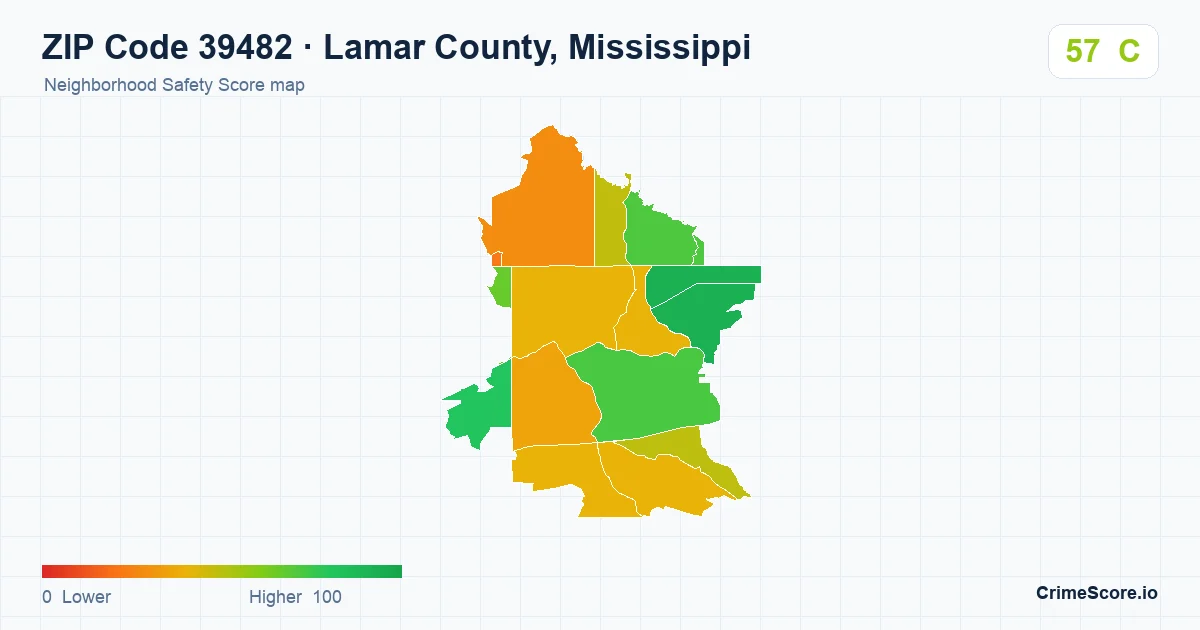 ZIP Code 39482 in Lamar County, Mississippi neighborhood Safety Score map