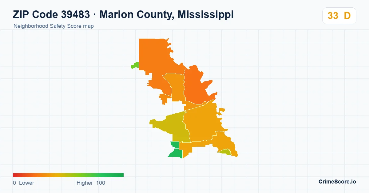 ZIP Code 39483 in Marion County, Mississippi neighborhood Safety Score map