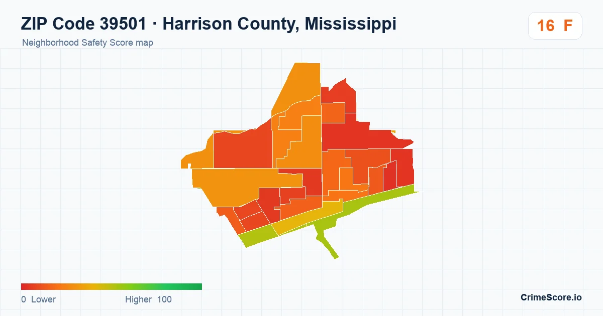 ZIP Code 39501 in Harrison County, Mississippi neighborhood Safety Score map