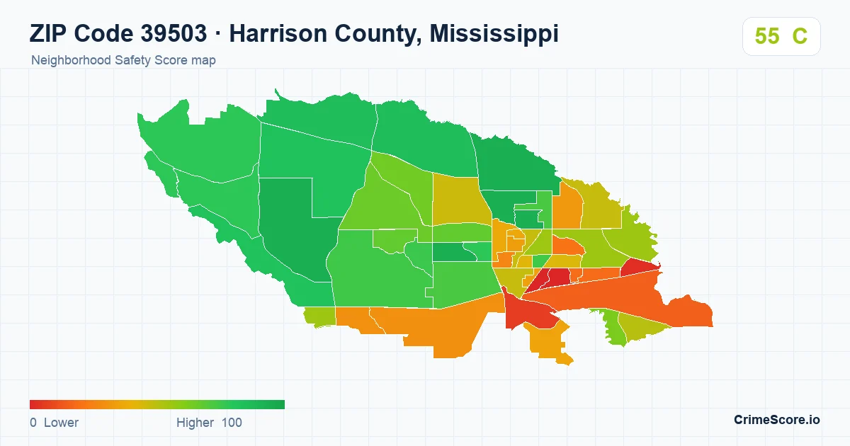 ZIP Code 39503 in Harrison County, Mississippi neighborhood Safety Score map