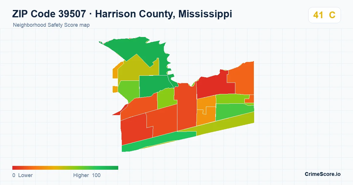 ZIP Code 39507 in Harrison County, Mississippi neighborhood Safety Score map