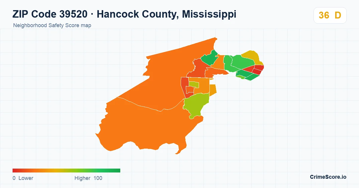 ZIP Code 39520 in Hancock County, Mississippi neighborhood Safety Score map