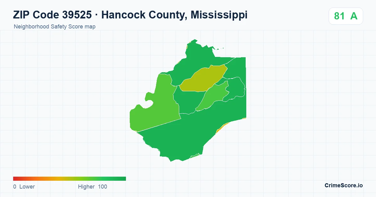 ZIP Code 39525 in Hancock County, Mississippi neighborhood Safety Score map