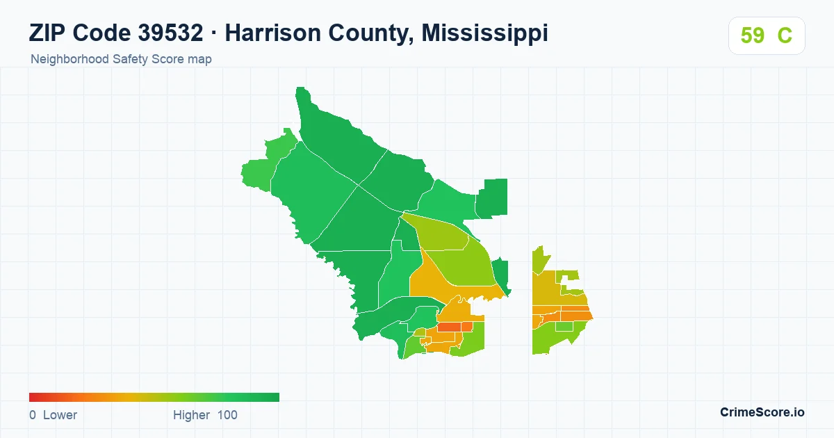ZIP Code 39532 in Harrison County, Mississippi neighborhood Safety Score map
