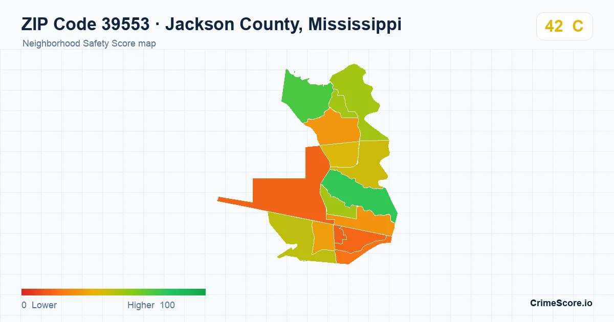 ZIP Code 39553 in Jackson County, Mississippi neighborhood Safety Score map
