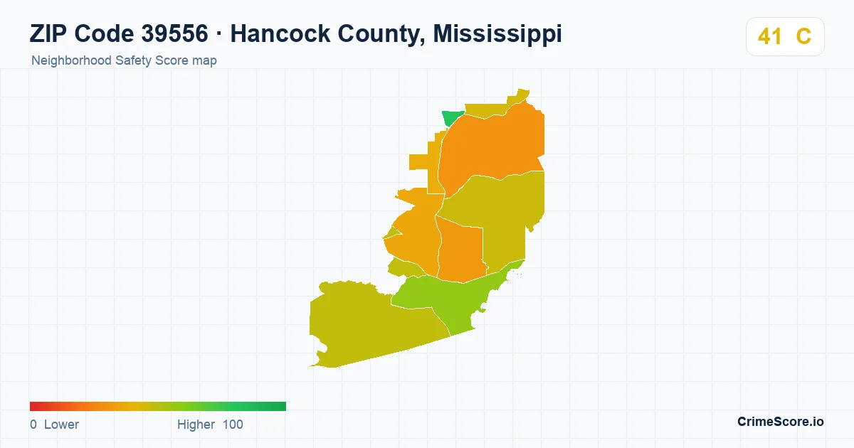 ZIP Code 39556 in Hancock County, Mississippi neighborhood Safety Score map