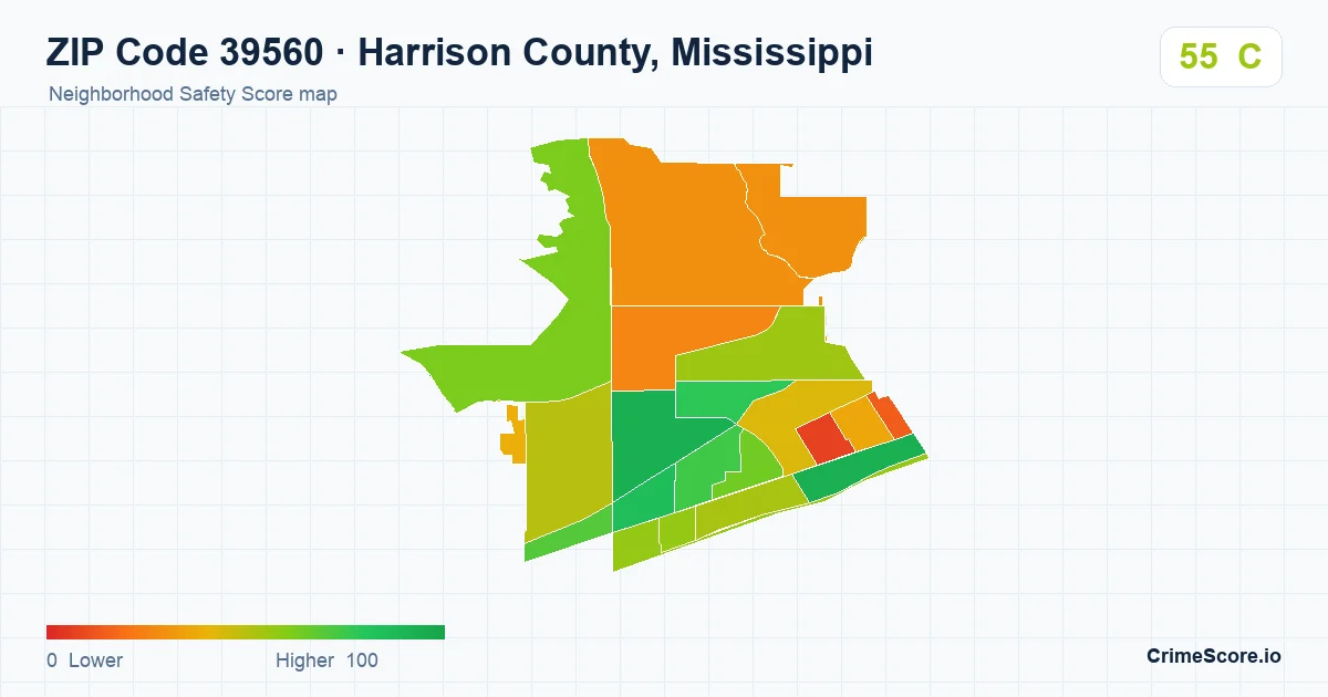 ZIP Code 39560 in Harrison County, Mississippi neighborhood Safety Score map