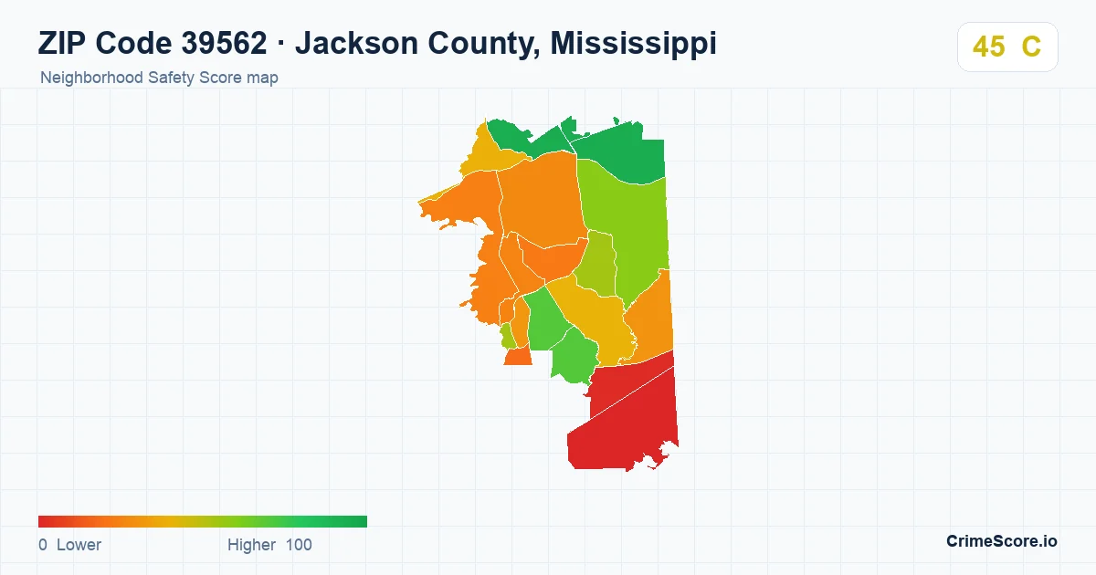 ZIP Code 39562 in Jackson County, Mississippi neighborhood Safety Score map
