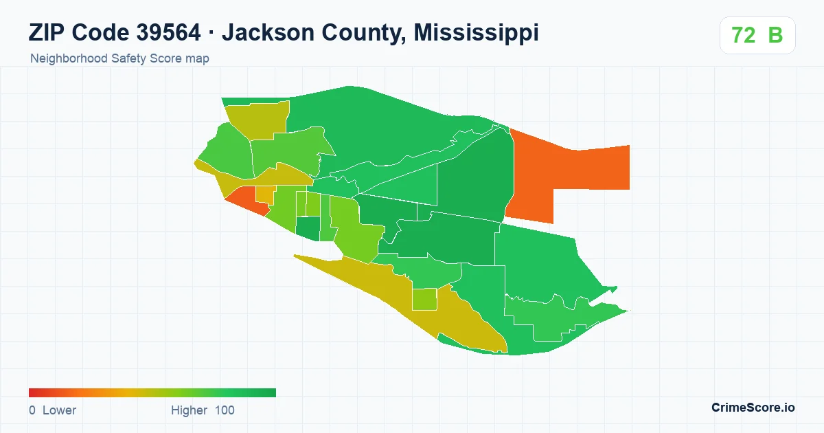 ZIP Code 39564 in Jackson County, Mississippi neighborhood Safety Score map