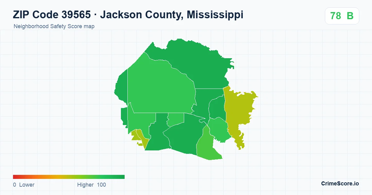 ZIP Code 39565 in Jackson County, Mississippi neighborhood Safety Score map