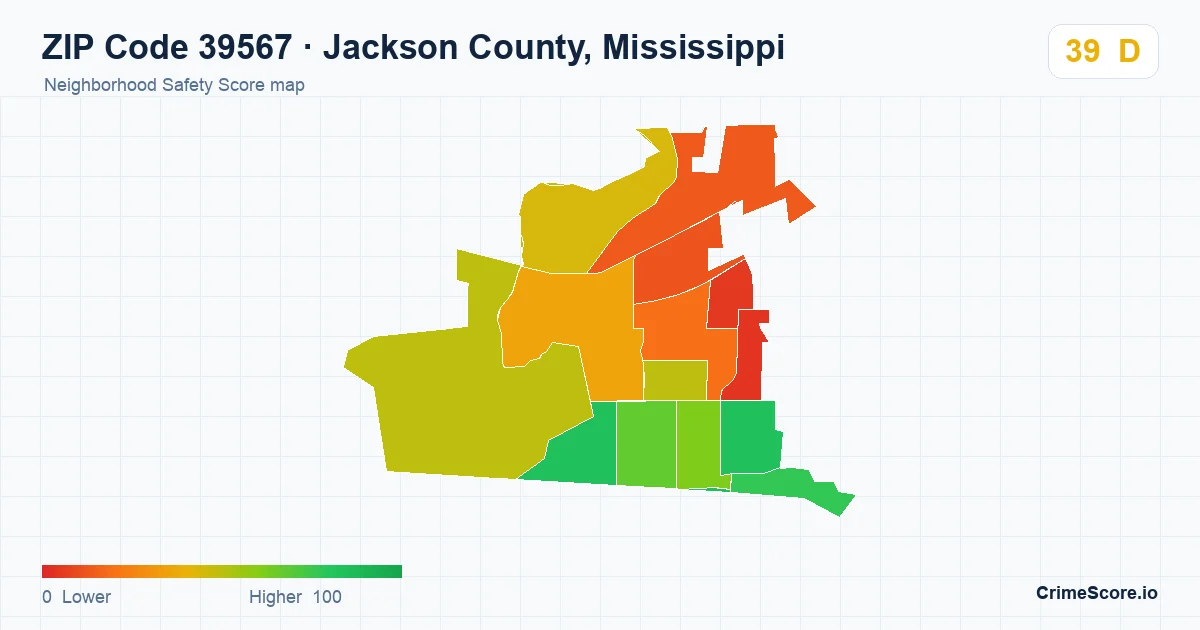 ZIP Code 39567 in Jackson County, Mississippi neighborhood Safety Score map