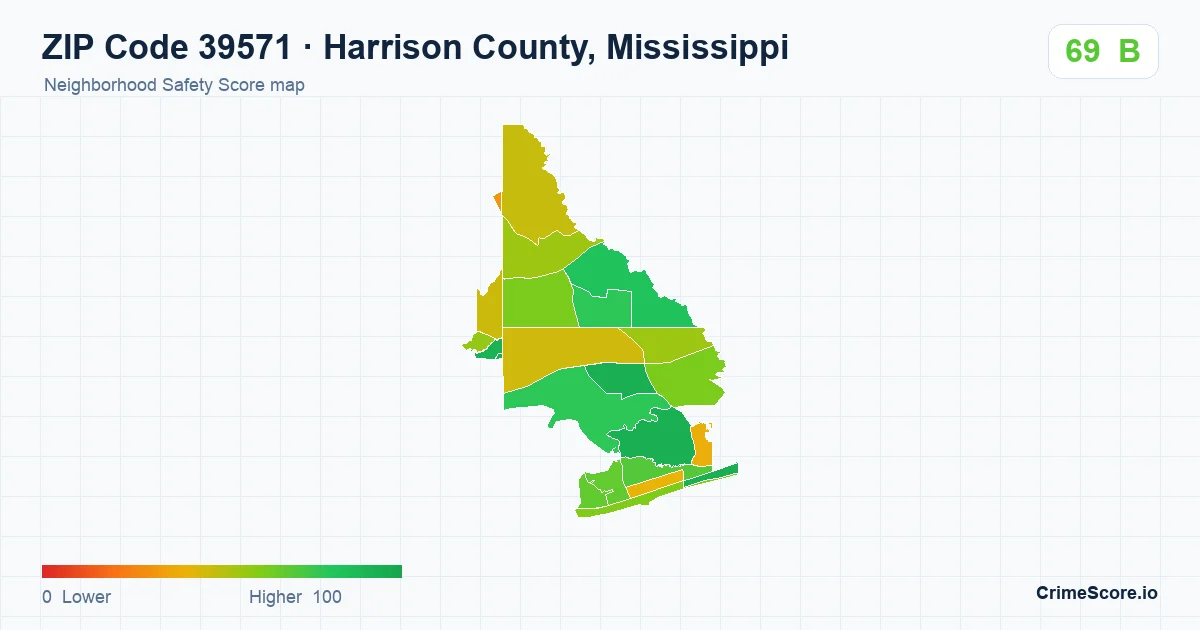 ZIP Code 39571 in Harrison County, Mississippi neighborhood Safety Score map