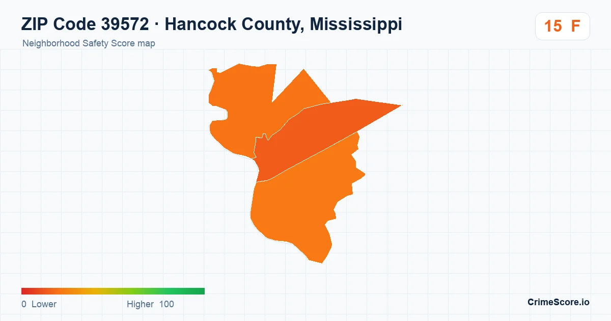 ZIP Code 39572 in Hancock County, Mississippi neighborhood Safety Score map