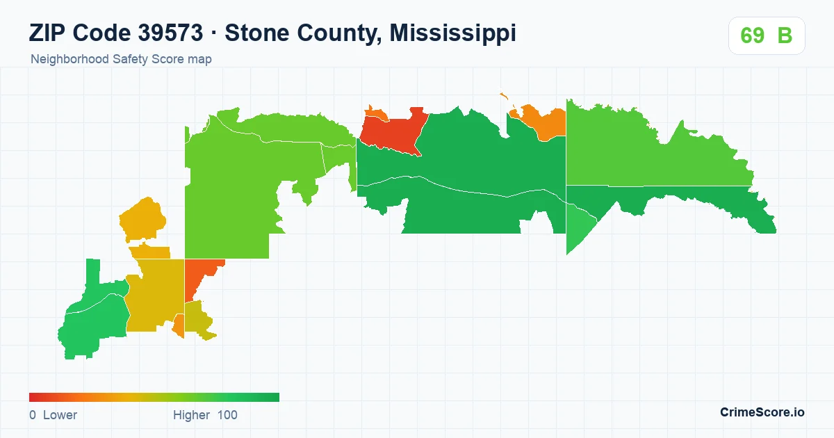 ZIP Code 39573 in Stone County, Mississippi neighborhood Safety Score map