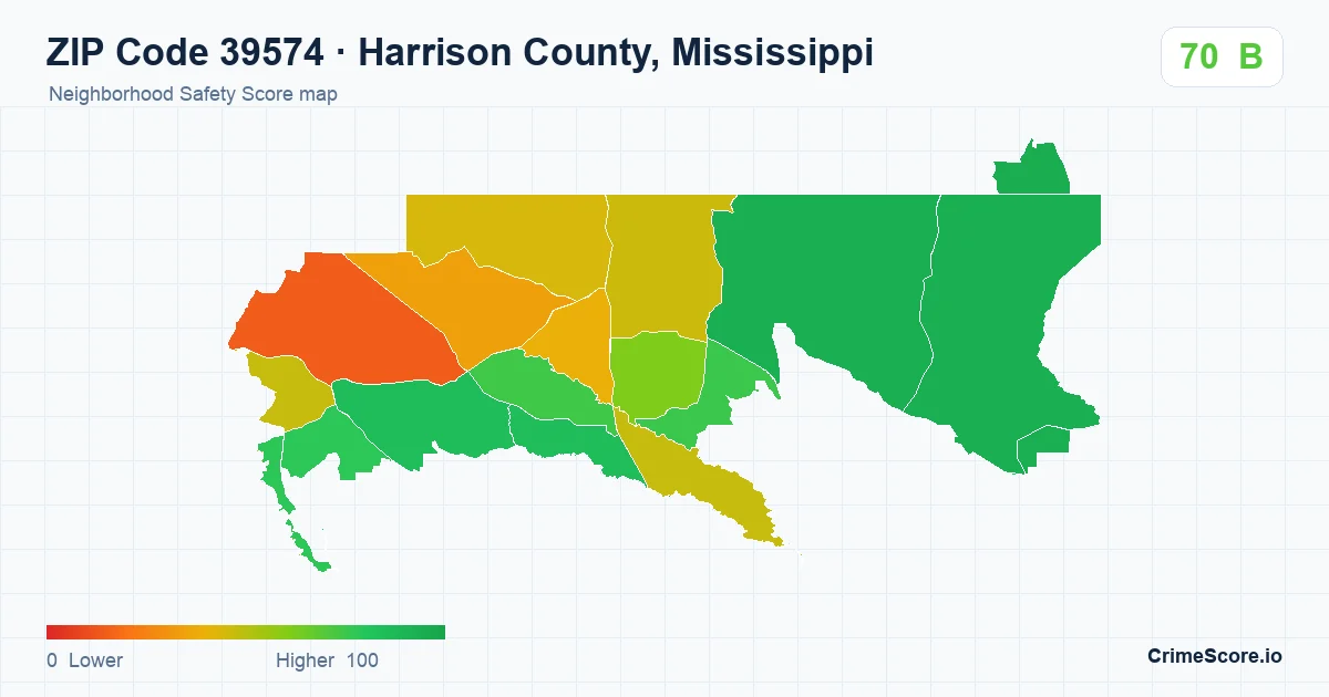 ZIP Code 39574 in Harrison County, Mississippi neighborhood Safety Score map