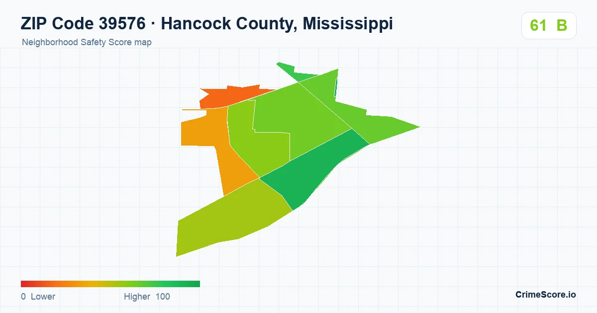 ZIP Code 39576 in Hancock County, Mississippi neighborhood Safety Score map