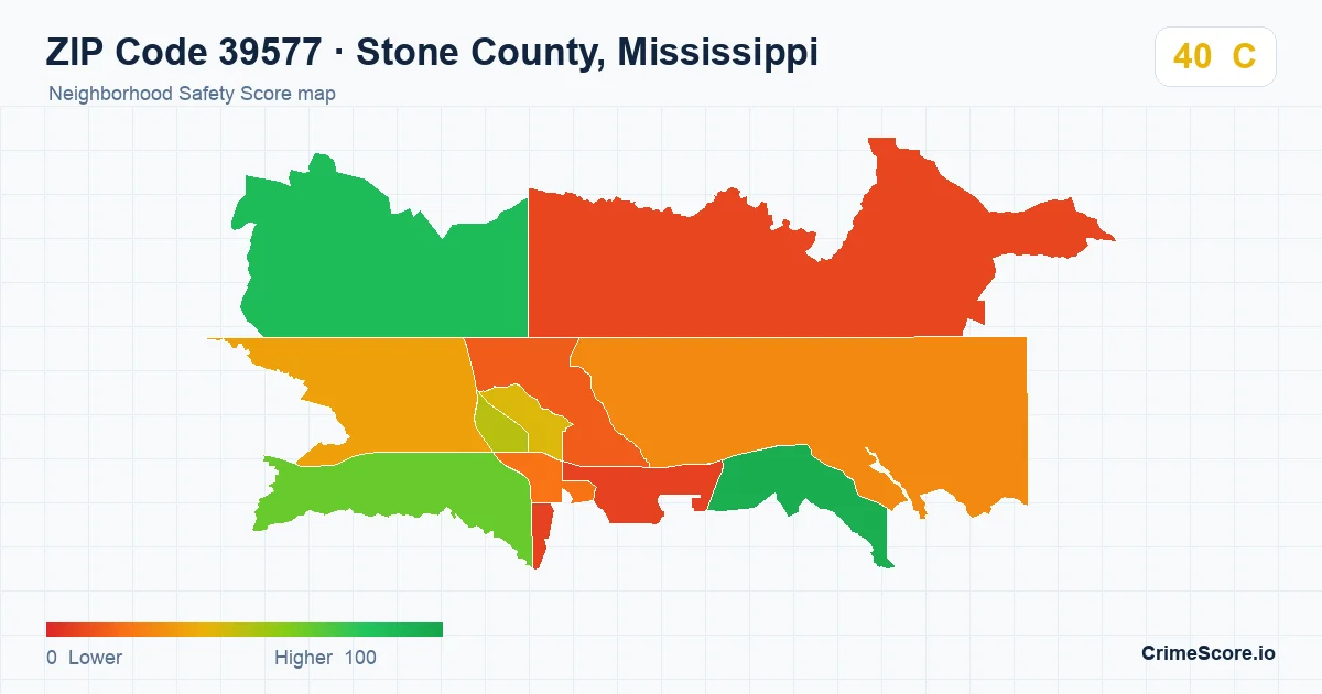 ZIP Code 39577 in Stone County, Mississippi neighborhood Safety Score map