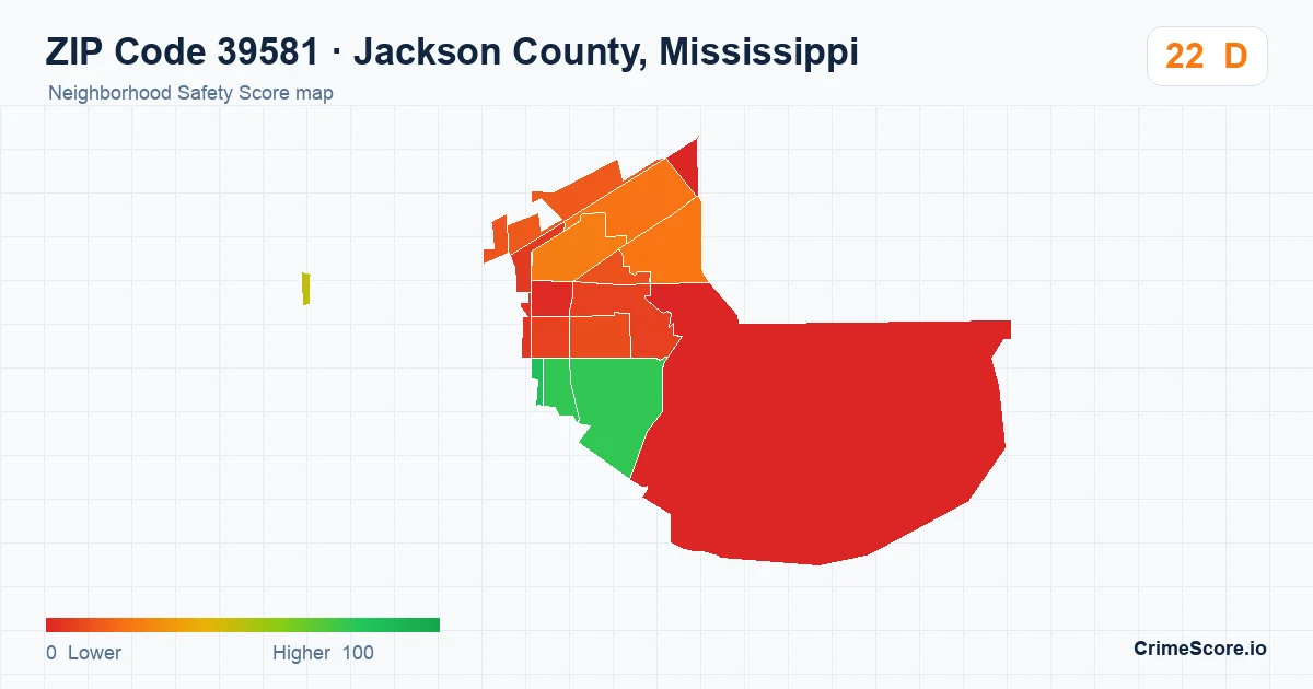 ZIP Code 39581 in Jackson County, Mississippi neighborhood Safety Score map
