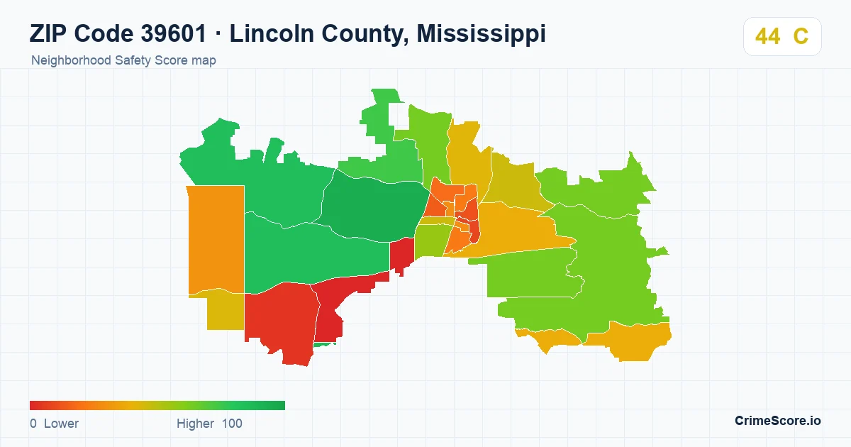 ZIP Code 39601 in Lincoln County, Mississippi neighborhood Safety Score map
