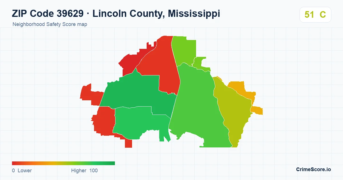 ZIP Code 39629 in Lincoln County, Mississippi neighborhood Safety Score map