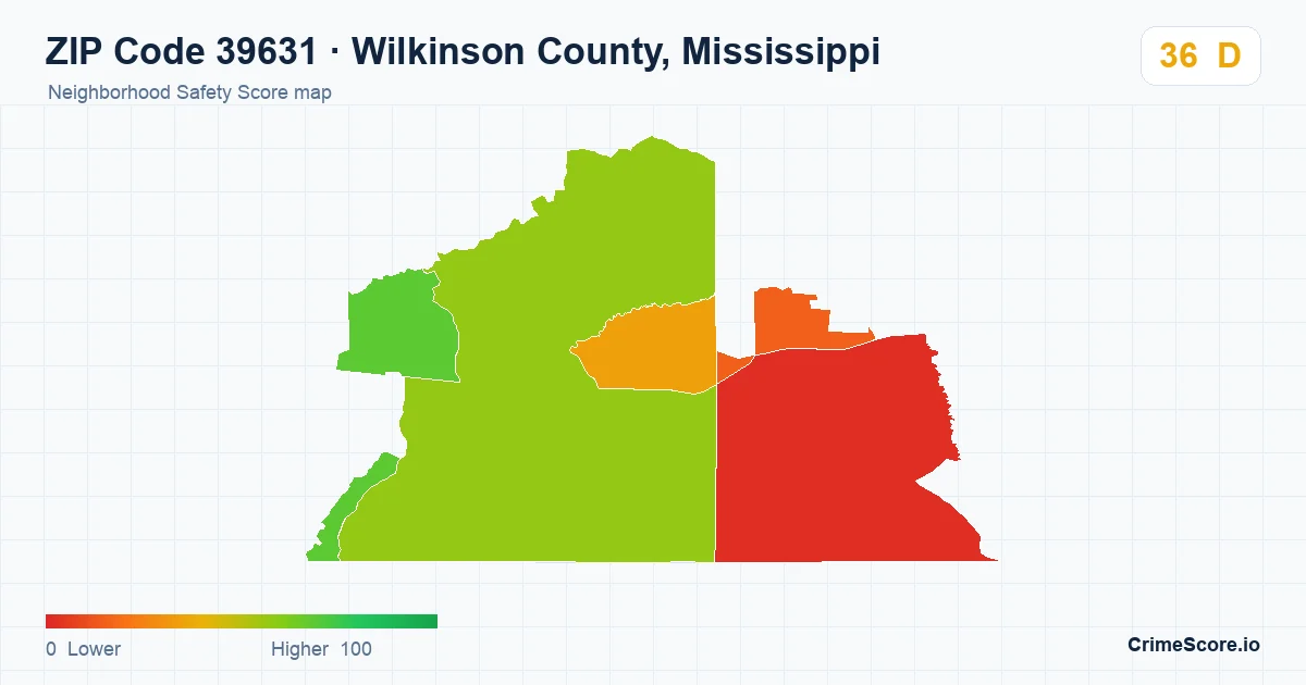 ZIP Code 39631 in Wilkinson County, Mississippi neighborhood Safety Score map