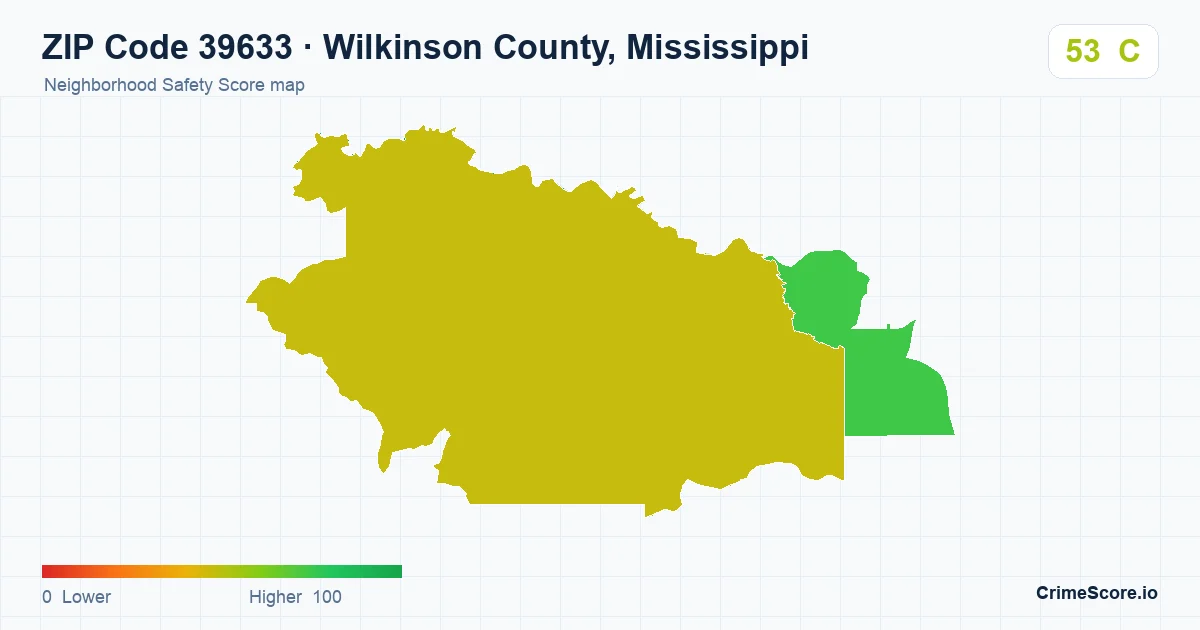 ZIP Code 39633 in Wilkinson County, Mississippi neighborhood Safety Score map