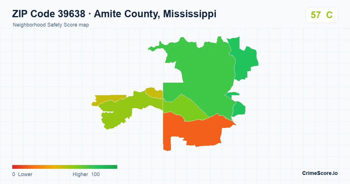 ZIP Code 39638 in Amite County, Mississippi neighborhood Safety Score map