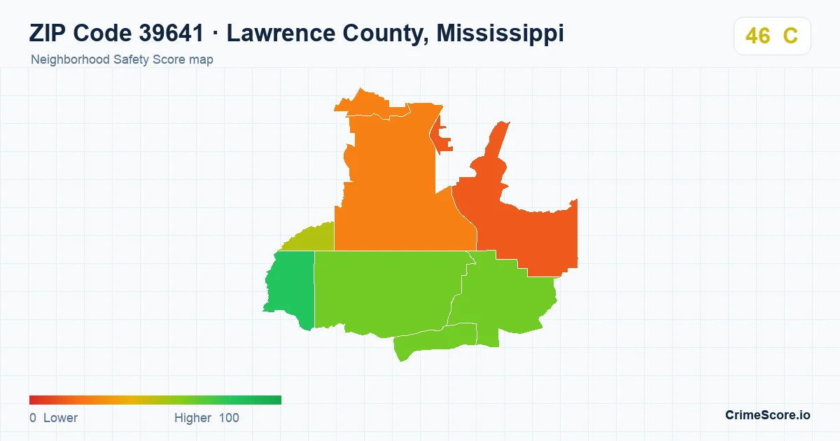 ZIP Code 39641 in Lawrence County, Mississippi neighborhood Safety Score map