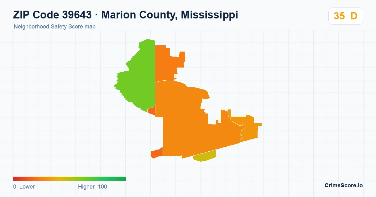 ZIP Code 39643 in Marion County, Mississippi neighborhood Safety Score map