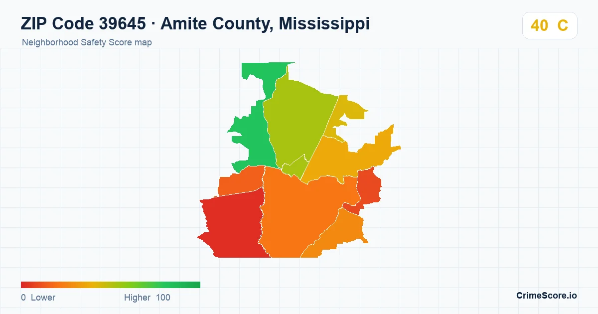 ZIP Code 39645 in Amite County, Mississippi neighborhood Safety Score map