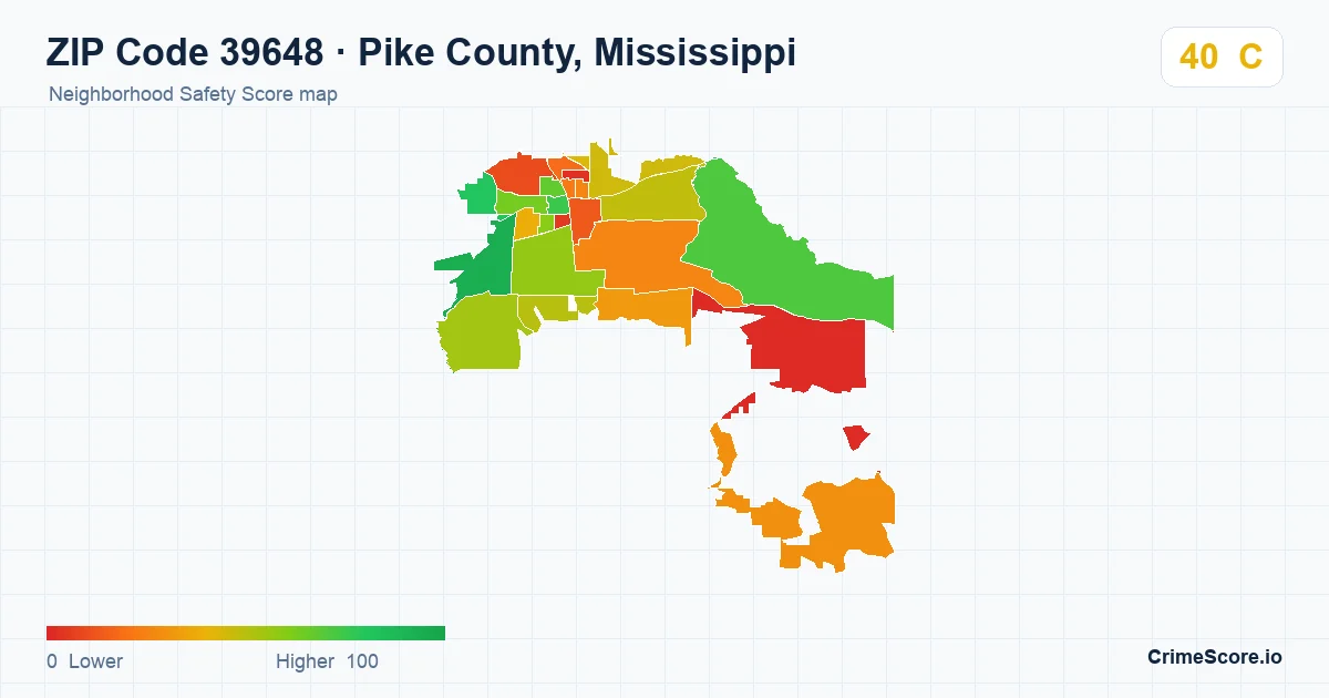 ZIP Code 39648 in Pike County, Mississippi neighborhood Safety Score map