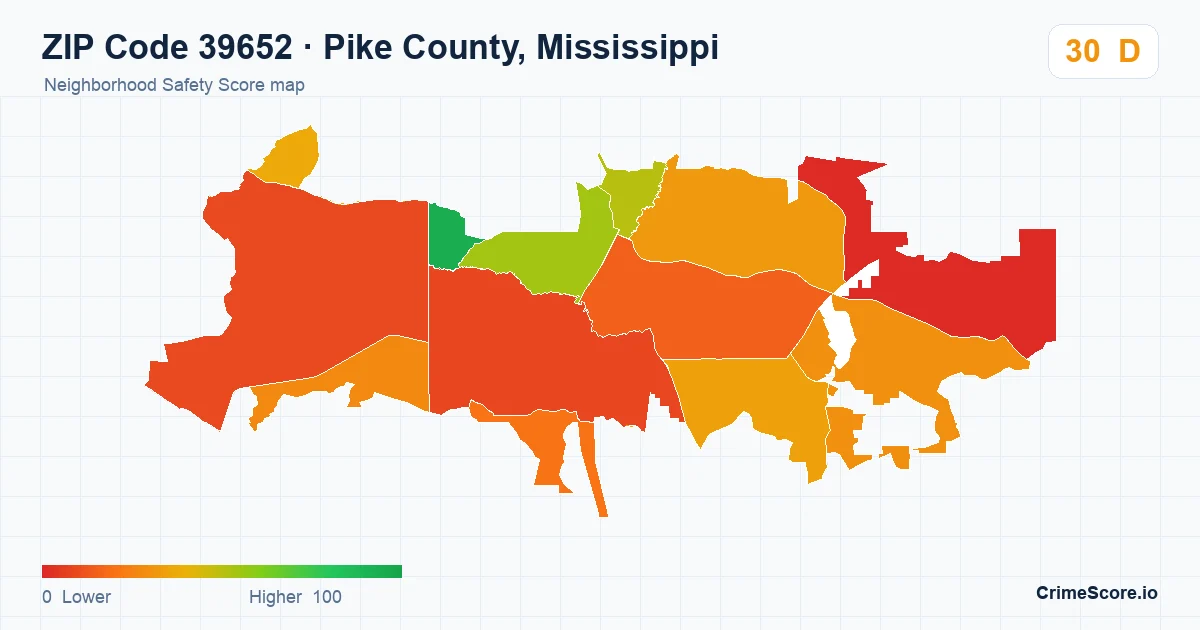 ZIP Code 39652 in Pike County, Mississippi neighborhood Safety Score map