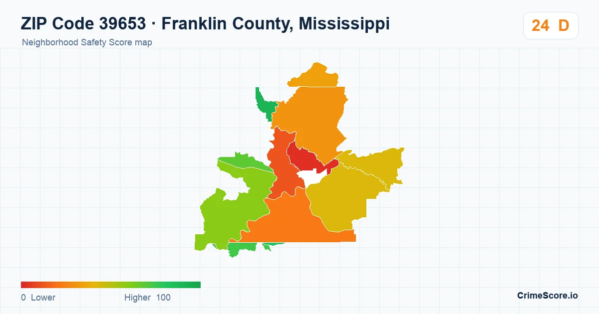ZIP Code 39653 in Franklin County, Mississippi neighborhood Safety Score map