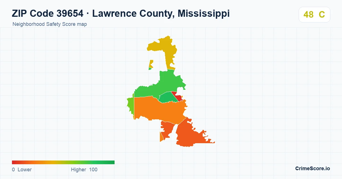 ZIP Code 39654 in Lawrence County, Mississippi neighborhood Safety Score map
