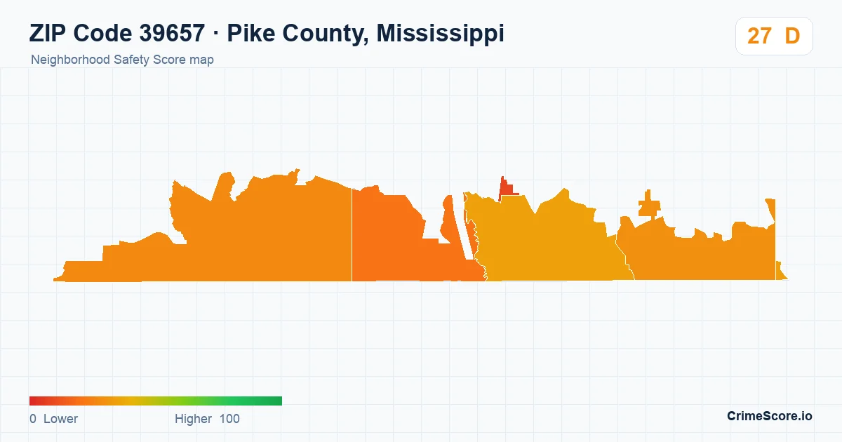 ZIP Code 39657 in Pike County, Mississippi neighborhood Safety Score map